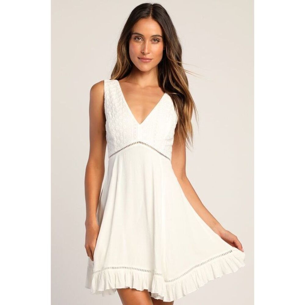 Lulus Endlessly Enticing White Embroidered Babydoll Mini Dress - Size XS